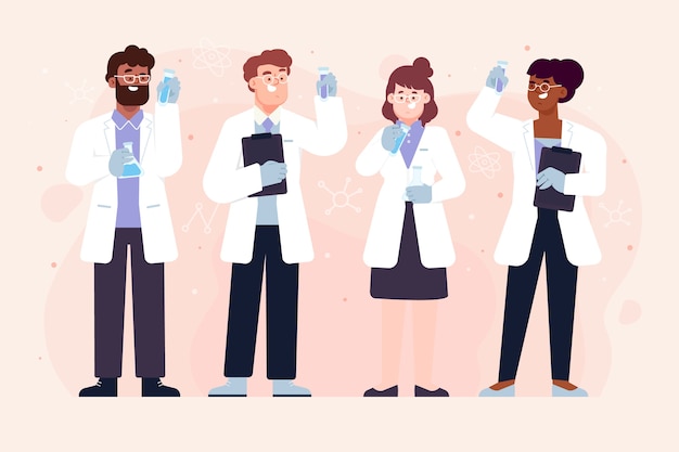 Grupo de científicos trabajadores con tubos