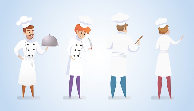 Grupo de cocineros del restaurante aislado fondo azul