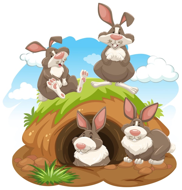 Grupo de conejos con madriguera animal