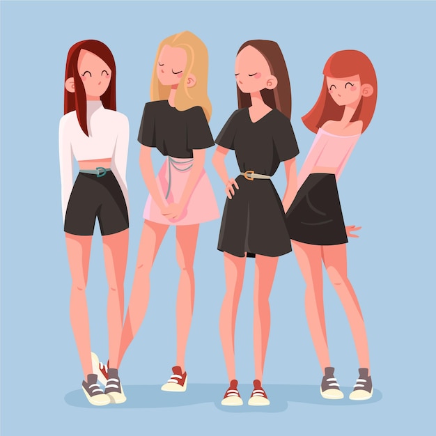 Vector gratuito grupo creativo de chicas k-pop ilustrado