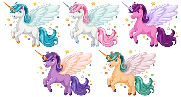 Grupo de dibujos animados lindo unicornio