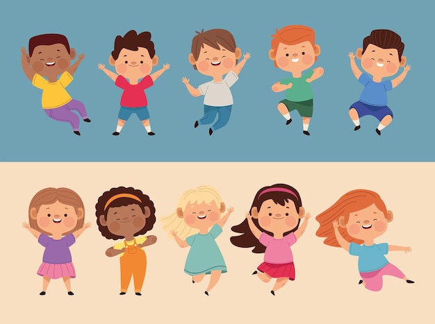 grupo de diez personajes de niños pequeños