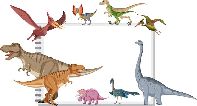Grupo de dinosaurios alrededor de nota sobre fondo blanco.