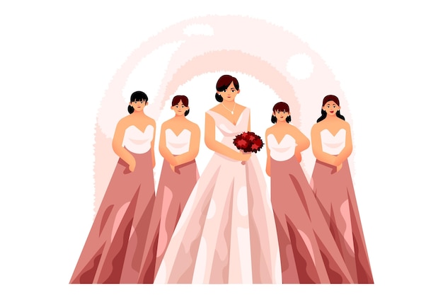 Vector gratuito grupo de diseño plano de damas de honor con novia.