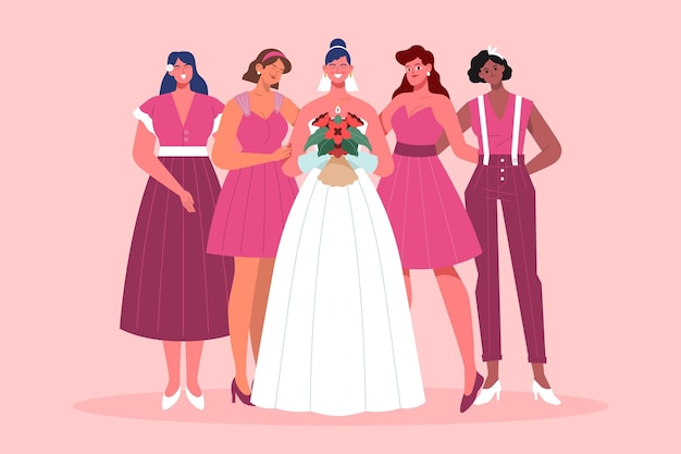 Vector gratuito grupo de diseño plano de damas de honor con novia.