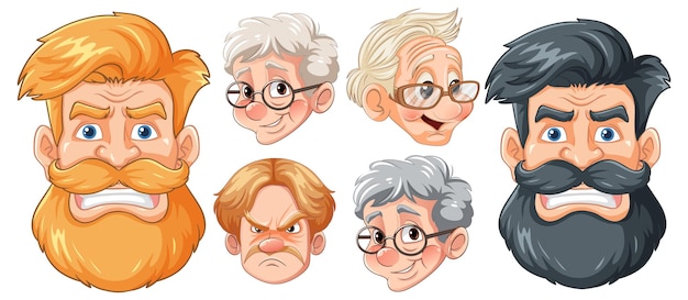 Grupo de edad mixta que expresa diversas expresiones faciales