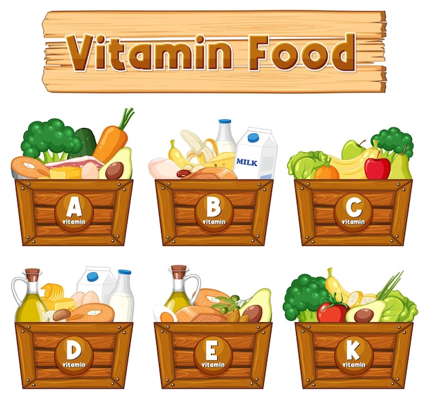 Vector gratuito grupo educativo de iconos de vitaminas y ejemplos de alimentos.