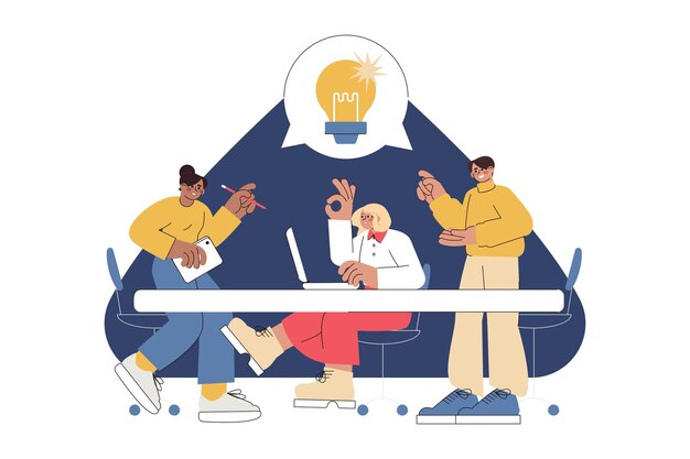 Un grupo empresarial plano de personas con bombillas trabajan juntas El trabajo en equipo de los empleados tiene una lluvia de ideas para compartir ideas creativas El personal de la empresa que trabaja en la oficina y busca una solución empresarial exitosa para el problema