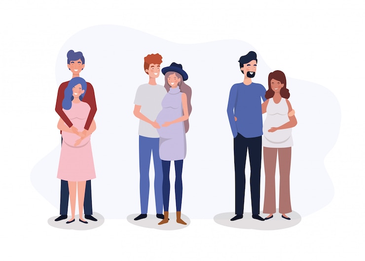 Vector gratuito grupo de enamorados parejas embarazo personajes.