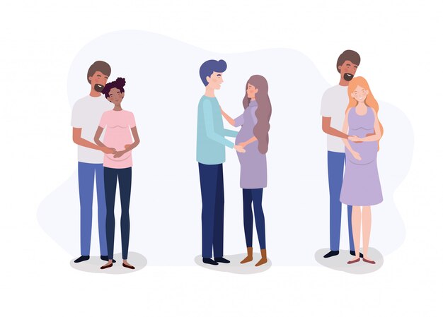 Grupo de enamorados parejas embarazo personajes.