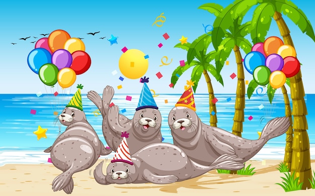Grupo de focas en personaje de dibujos animados de tema de fiesta en el fondo de la playa