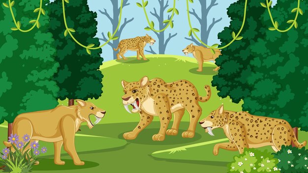 Grupo de gatos dientes de sable en el bosque