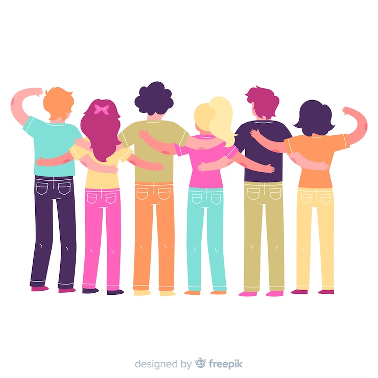 Vector gratuito grupo de gente joven abrazándose en diseño plano