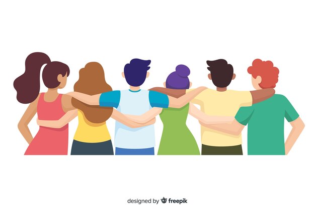 Grupo de gente joven abrazándose en diseño plano