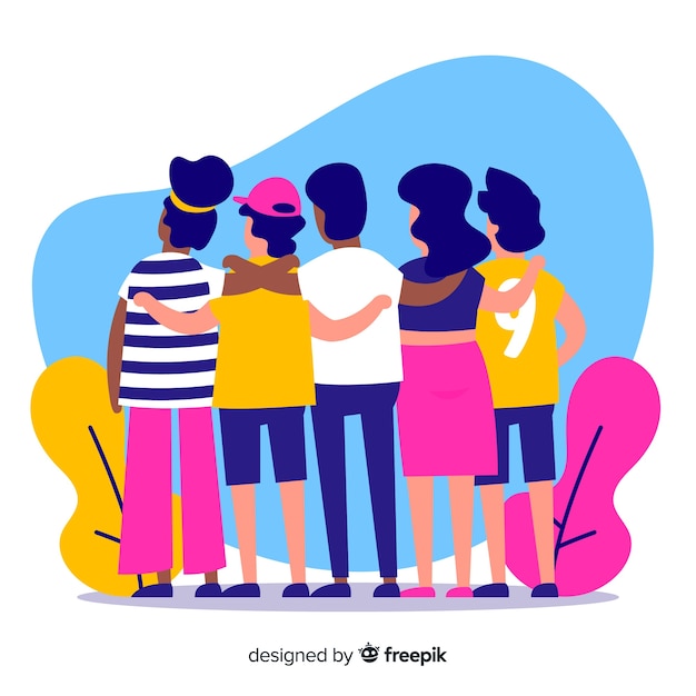 Grupo de gente joven dándose un abrazo
