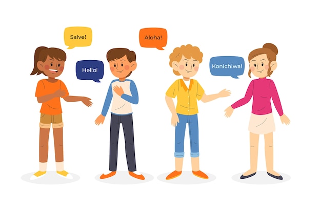 Grupo de ilustración de jóvenes hablando en diferentes idiomas