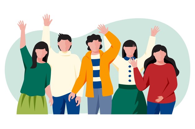 Grupo de jóvenes agitando la mano
