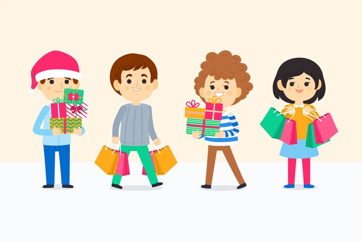 Vector gratuito grupo de jóvenes comprando regalos de navidad