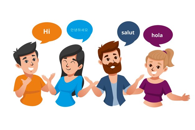 Grupo de jóvenes hablando en diferentes idiomas