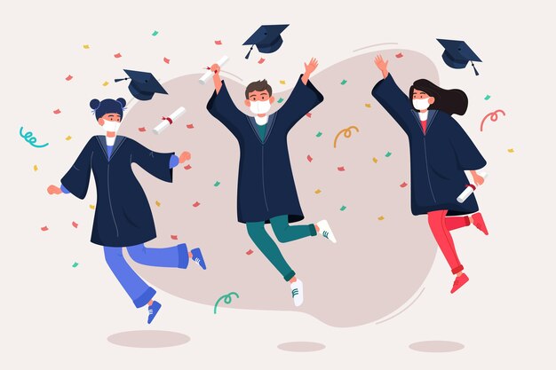 Grupo de jóvenes con máscara médica graduándose