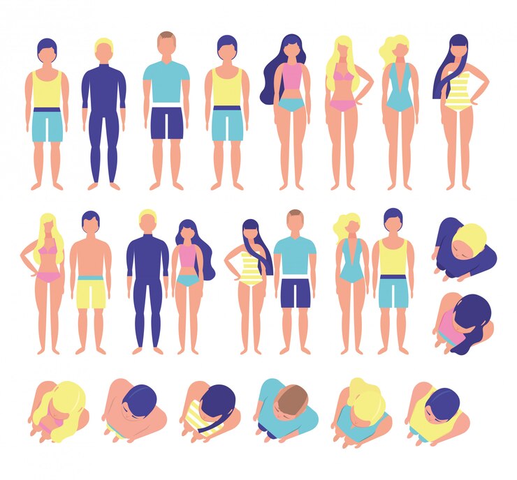Vector gratuito grupo de jóvenes con trajes de playa personajes de paquete