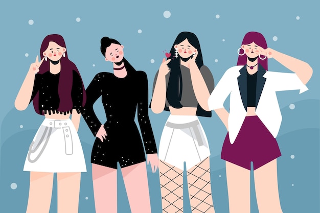 Vector gratuito grupo de k-pop de chicas jóvenes ilustradas