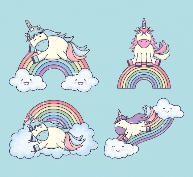 Grupo de lindos unicornios con arco iris y personajes de nubes