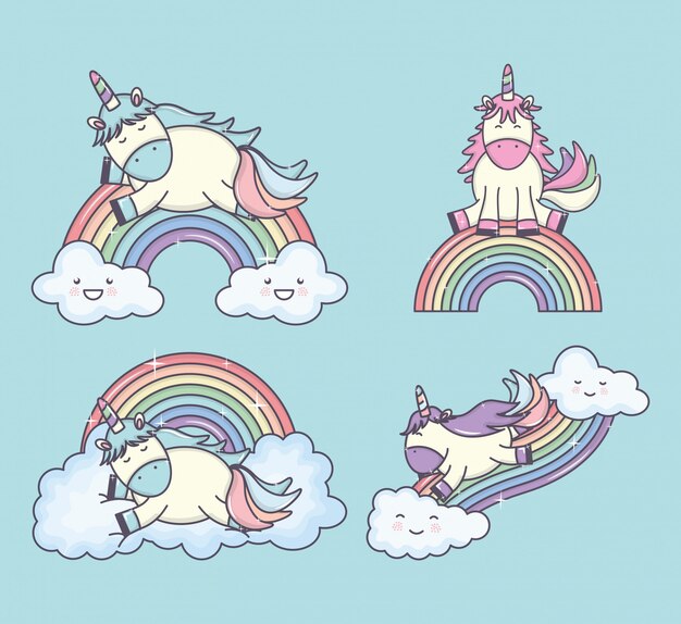 Grupo de lindos unicornios con arco iris y personajes de nubes