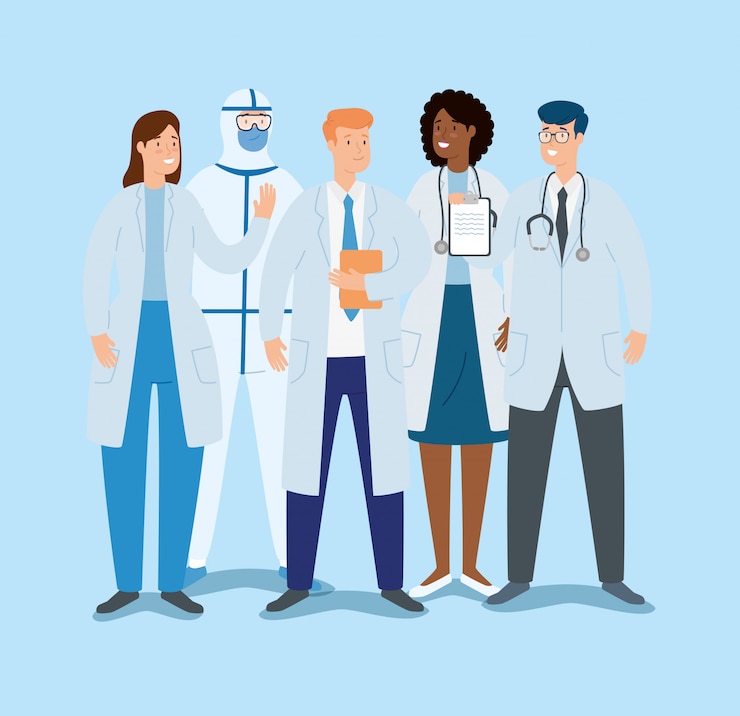 Vector gratuito grupo de médicos para el cuidado de covid 19