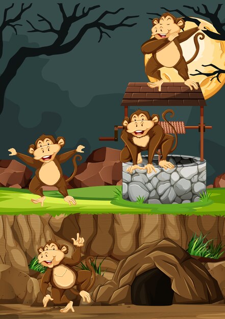 Grupo de monos salvajes en muchas poses en parque de animales estilo de dibujos animados sobre fondo nocturno