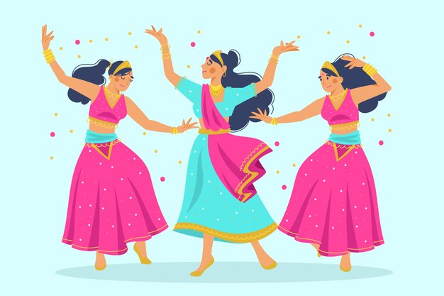 Grupo de mujeres bailando bollywood ilustración