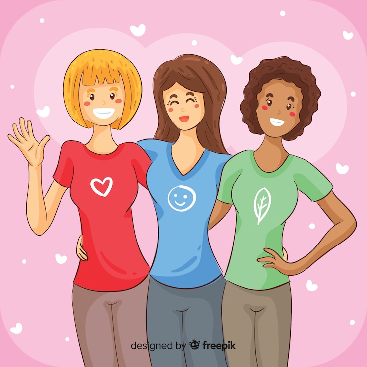 Vector gratuito grupo de mujeres de dieferentes nacionalidades dibujado a mano