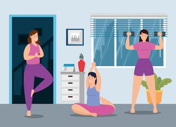 Vector gratuito grupo de mujeres, entrenamiento en casa, diseño de ilustraciones vectoriales