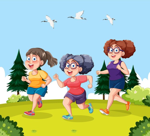 Grupo de mujeres trotando en el parque