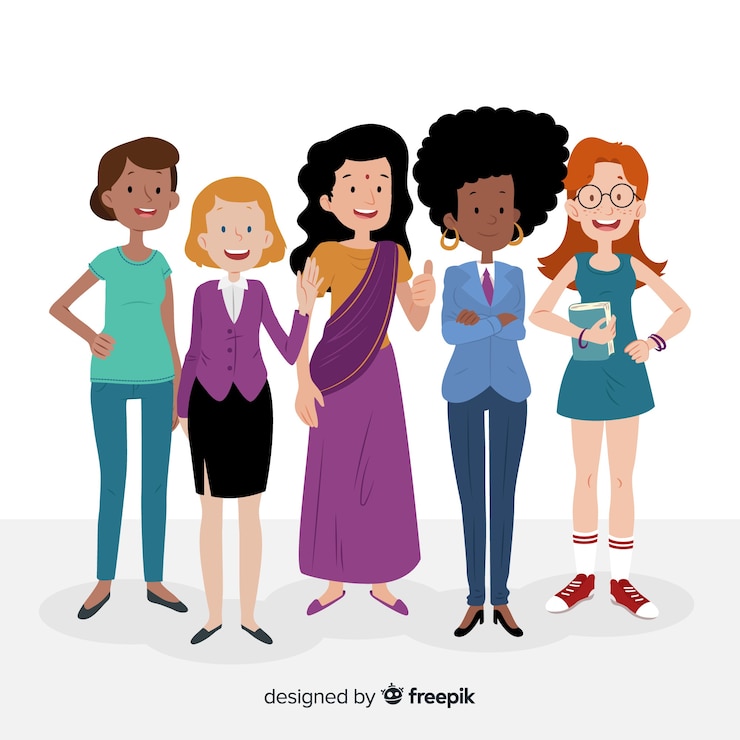 Vector gratuito grupo de mujers de dieferentes nacionalidades con diseño plano