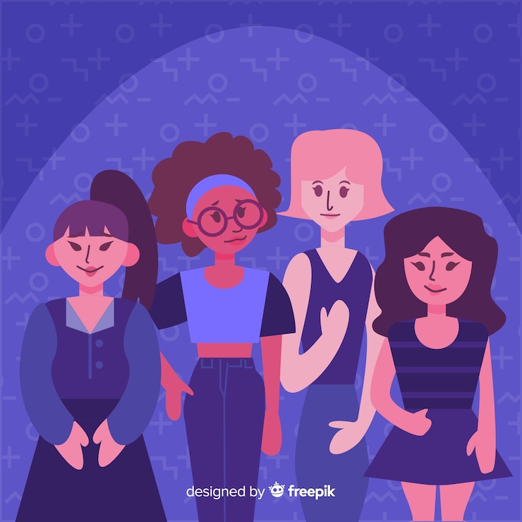 Vector gratuito grupo de mujers de dieferentes nacionalidades con diseño plano