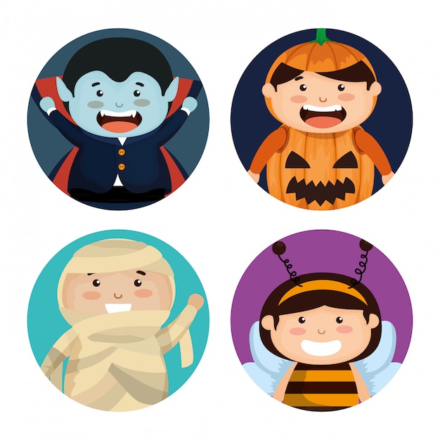 Vector gratuito grupo de niños disfrazados de halloween