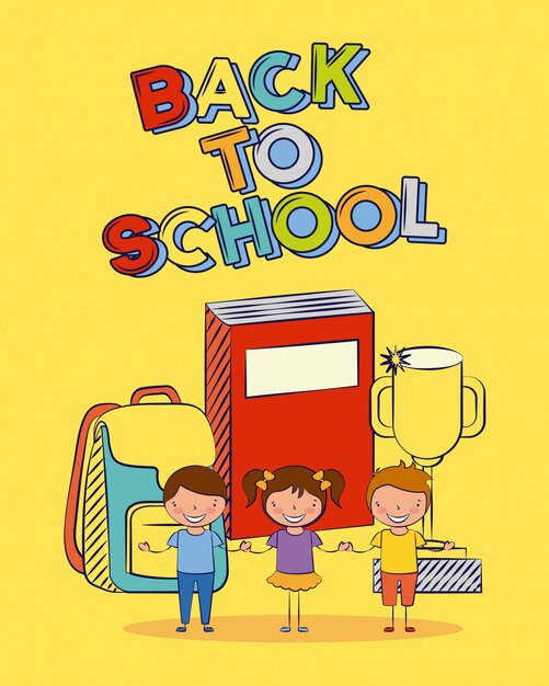 Grupo de niños felices alrededor del libro, regreso a la escuela, ilustración editable
