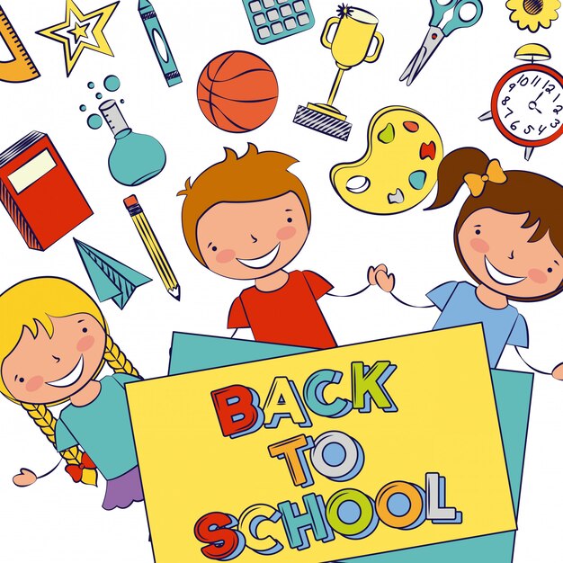 Grupo de niños felices con elementos escolares, regreso a la escuela, ilustración editable