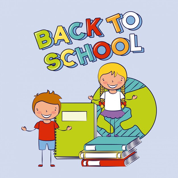 Grupo de niños felices con libros, regreso a la escuela, ilustración editable