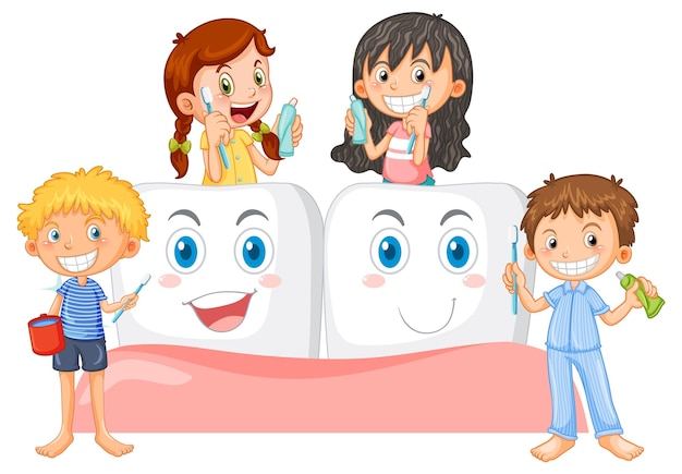 Grupo de niños limpiando dientes