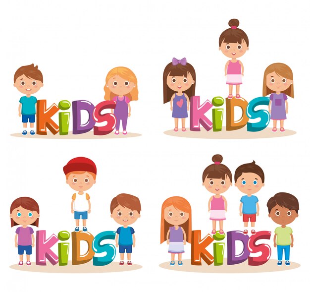 Grupo de niños pequeños jugando con word