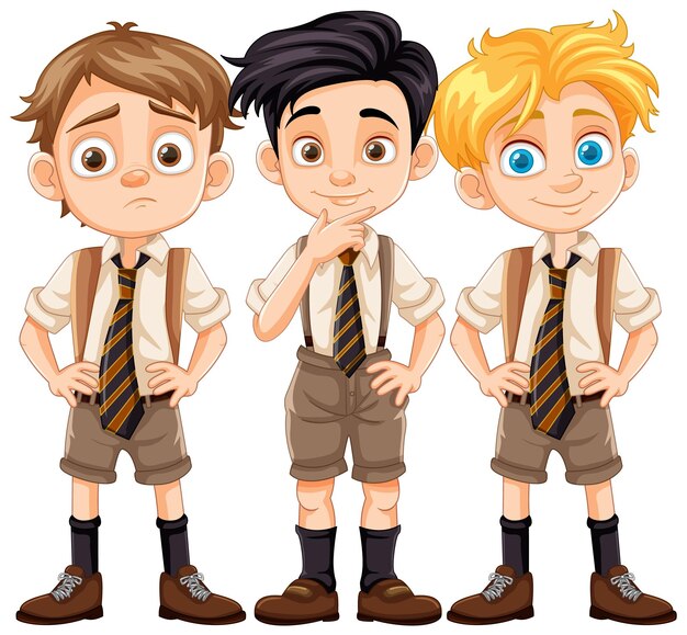 Grupo de niños con uniforme escolar Personajes de dibujos animados