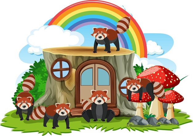 Grupo de panda rojo con casa de tocón