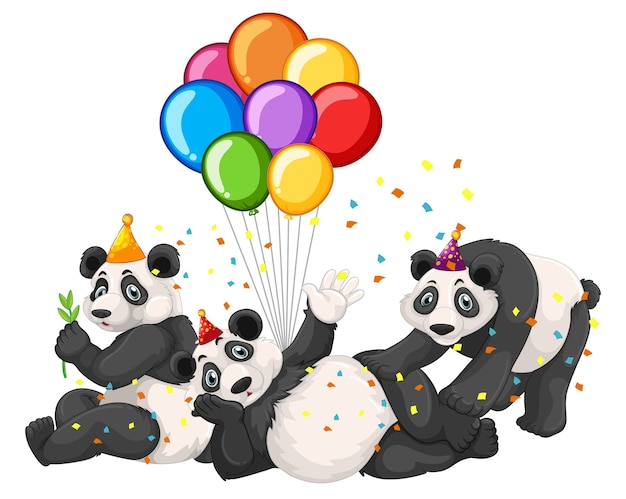 Grupo panda en tema de fiesta aislado sobre fondo blanco.