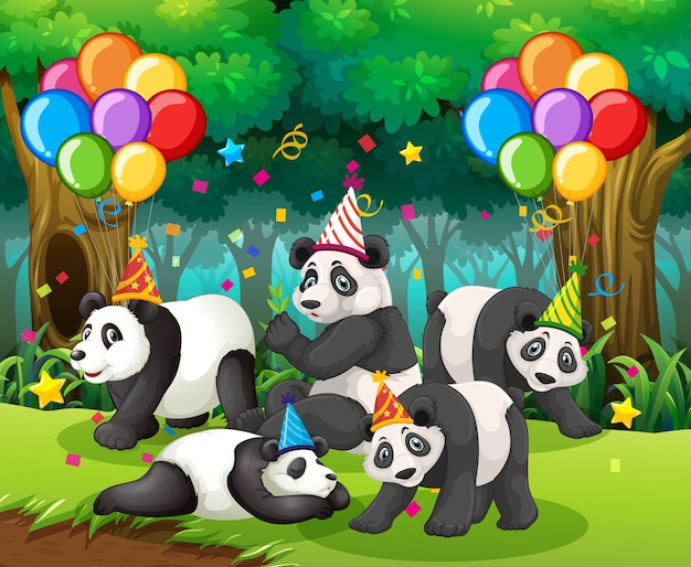 Grupo de pandas en una fiesta en el bosque.