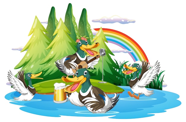 Vector gratuito grupo de patos felices en la escena de la naturaleza