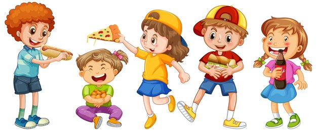 Grupo de personaje de dibujos animados de niños pequeños sobre fondo blanco