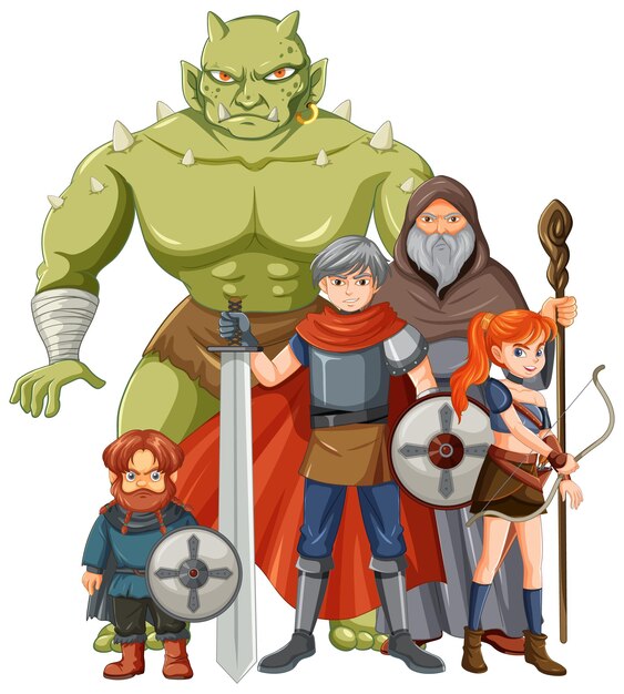 Grupo de personajes de dibujos animados medievales sobre fondo blanco.