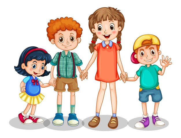 Grupo de personajes de dibujos animados de niños pequeños sobre fondo blanco